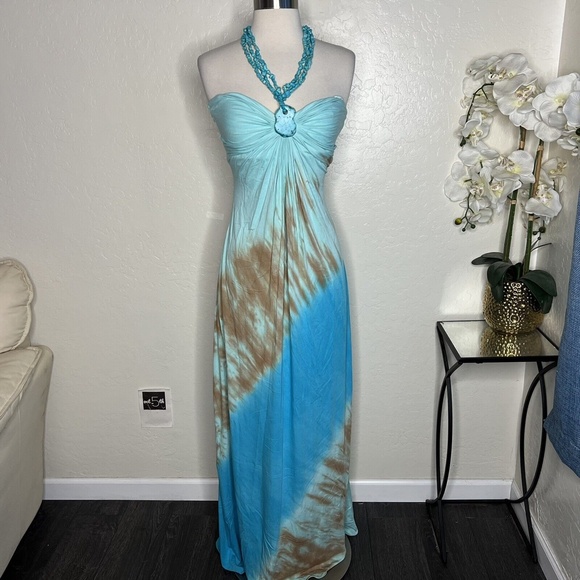 Sky Collection blue tie dye halter maxi Dress w/Turquoise Beading S - Picture 2 of 12